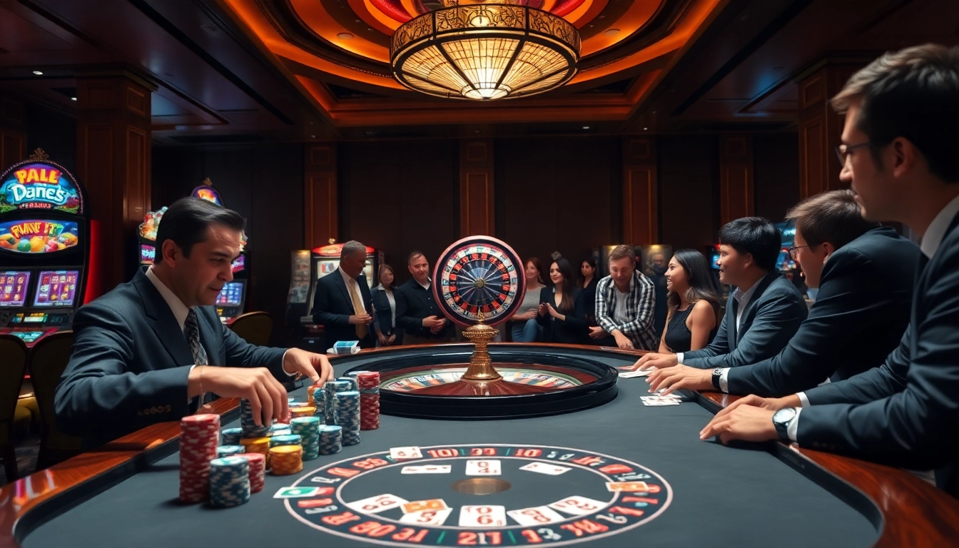 Players enjoying game bài at a vibrant casino table with chips and cards.