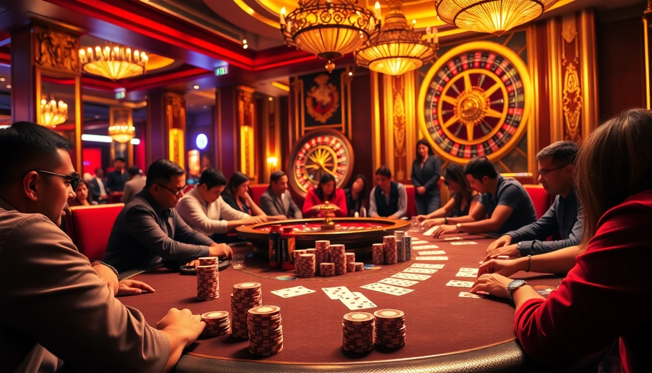Players engaged at a DF999 poker table, showcasing strategy and excitement in a luxurious casino ambiance.