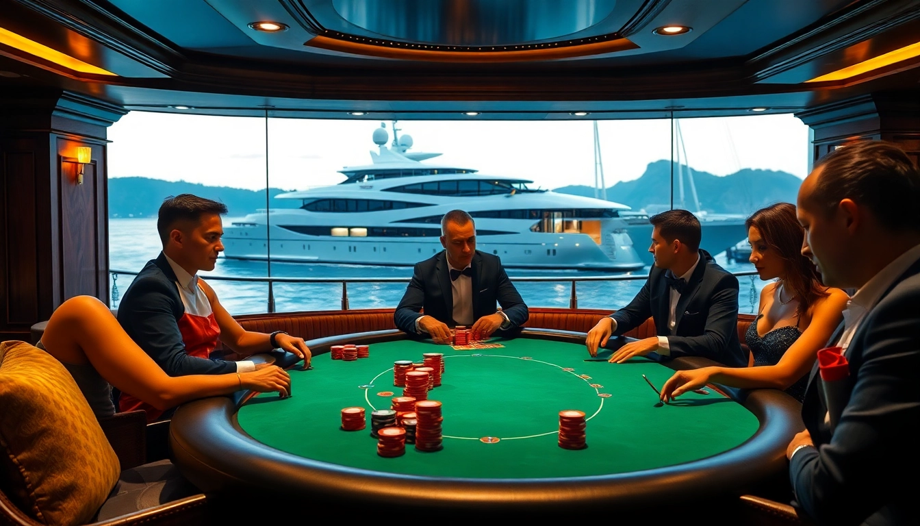 SX88 yacht visible while players engage in a high-stakes poker game at a luxurious casino.