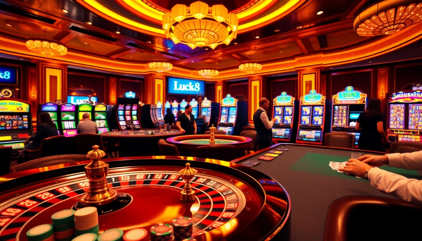 Experience high-stakes gambling action at Luck8 with a luxurious casino scene of poker and roulette.