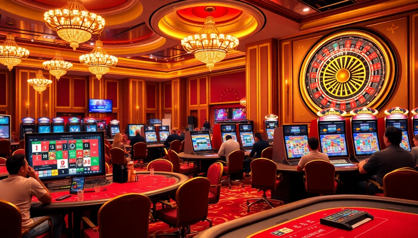 A vibrant casino scene featuring 88vv's poker tables and slot machines, radiating luxury and excitement.