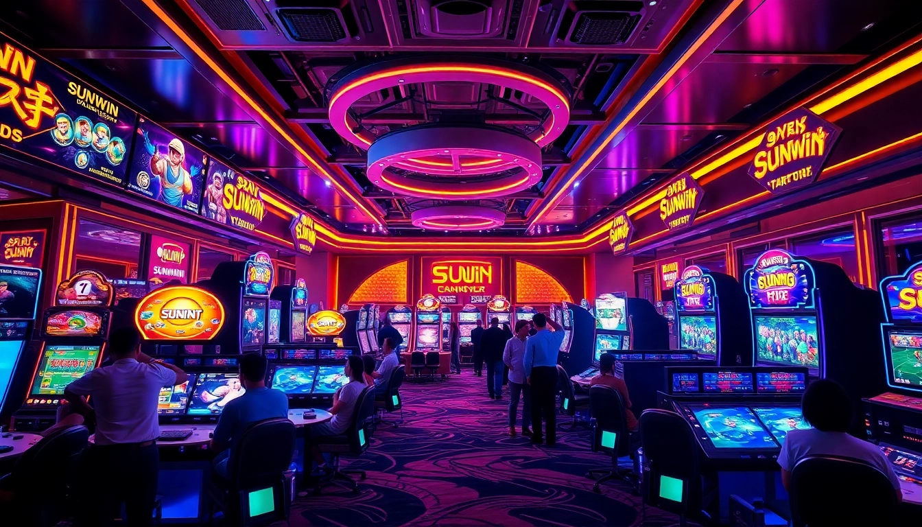 SUNWIN gaming room showcasing vibrant casino games and betting screens, capturing excitement and luxury.