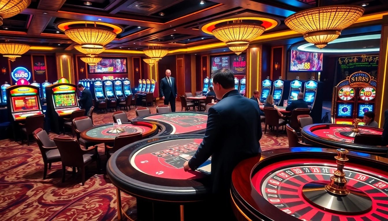 Experience the thrill of siu88 at a luxurious casino with players enjoying blackjack, poker, and roulette.