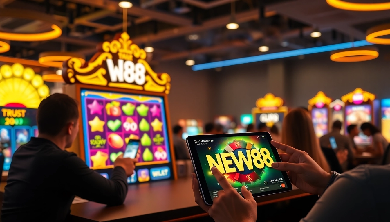 Engaging online gambling interface at https://new88pm.com/ with vibrant slot games and happy users.