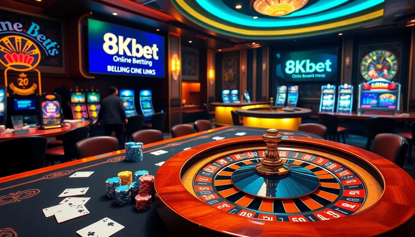 Experience thrilling online gambling with the 8kbet link, featuring colorful chips and a roulette wheel.