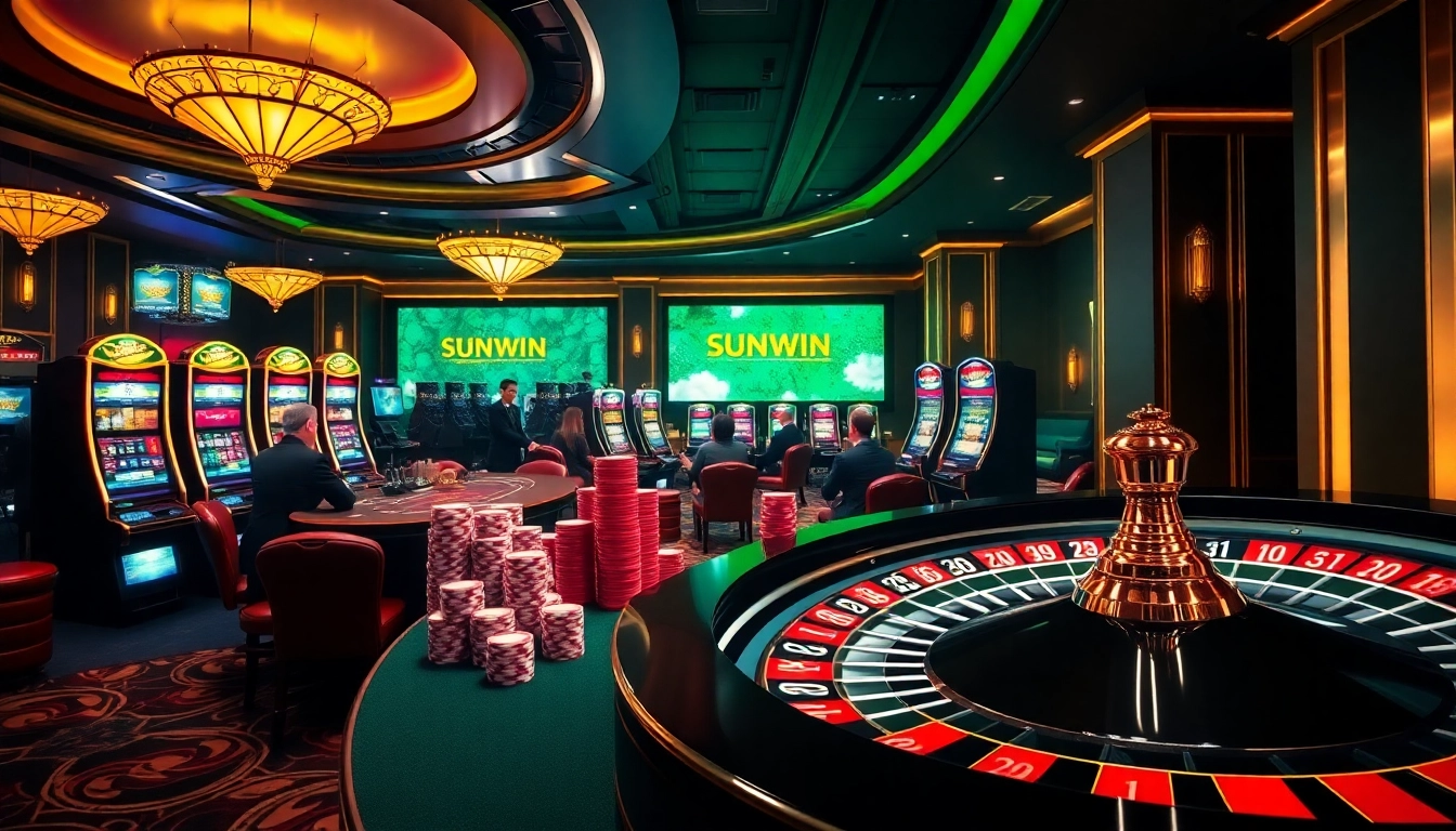 SUNWIN showcases an exciting casino environment with vibrant gaming tables and professional dealers.