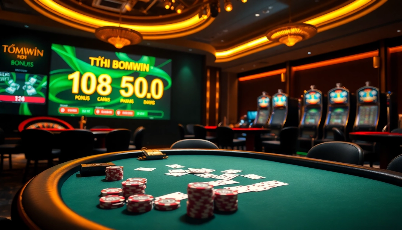 Experience the excitement of Tải Bomwin with a luxurious poker table and vibrant gambling atmosphere.