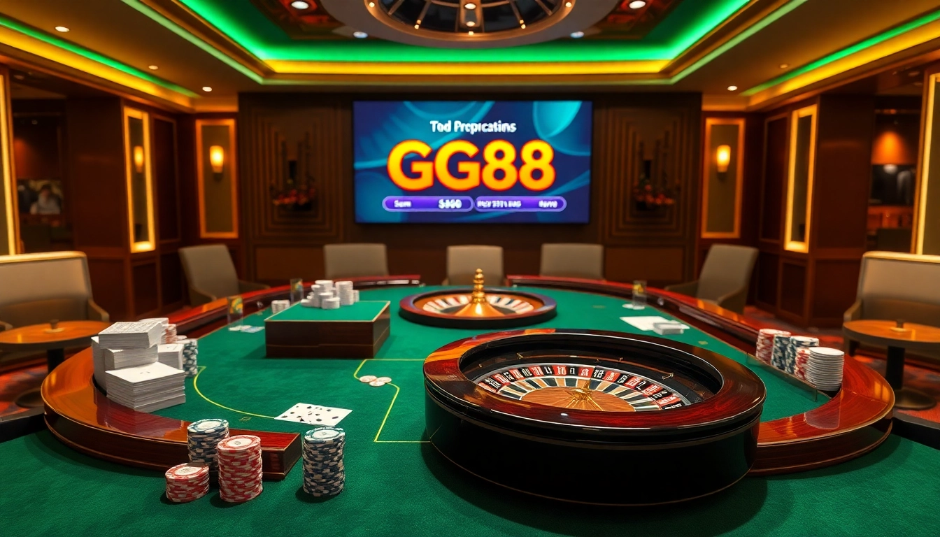 Experience the excitement of GG88 at a luxurious casino gaming table with cards and chips.