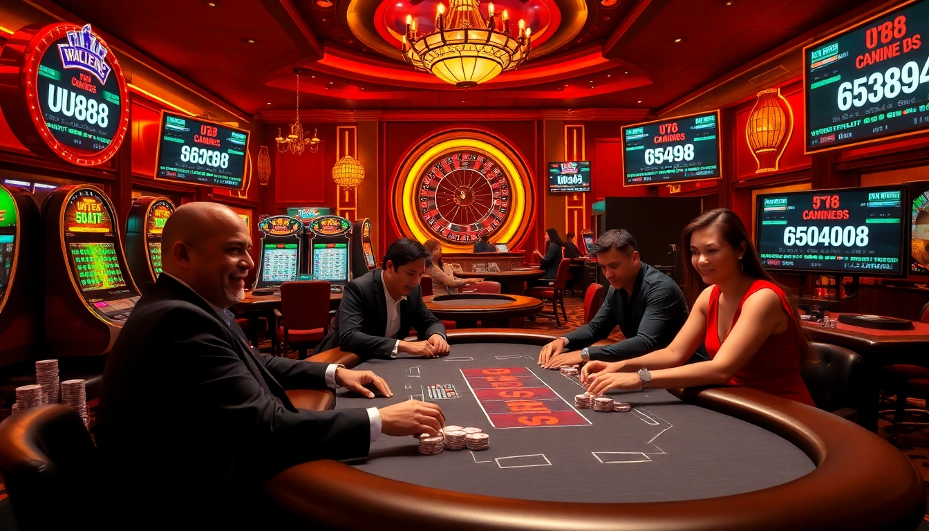 Players engaging in an exciting poker game at UU88 casino with vibrant gaming elements.