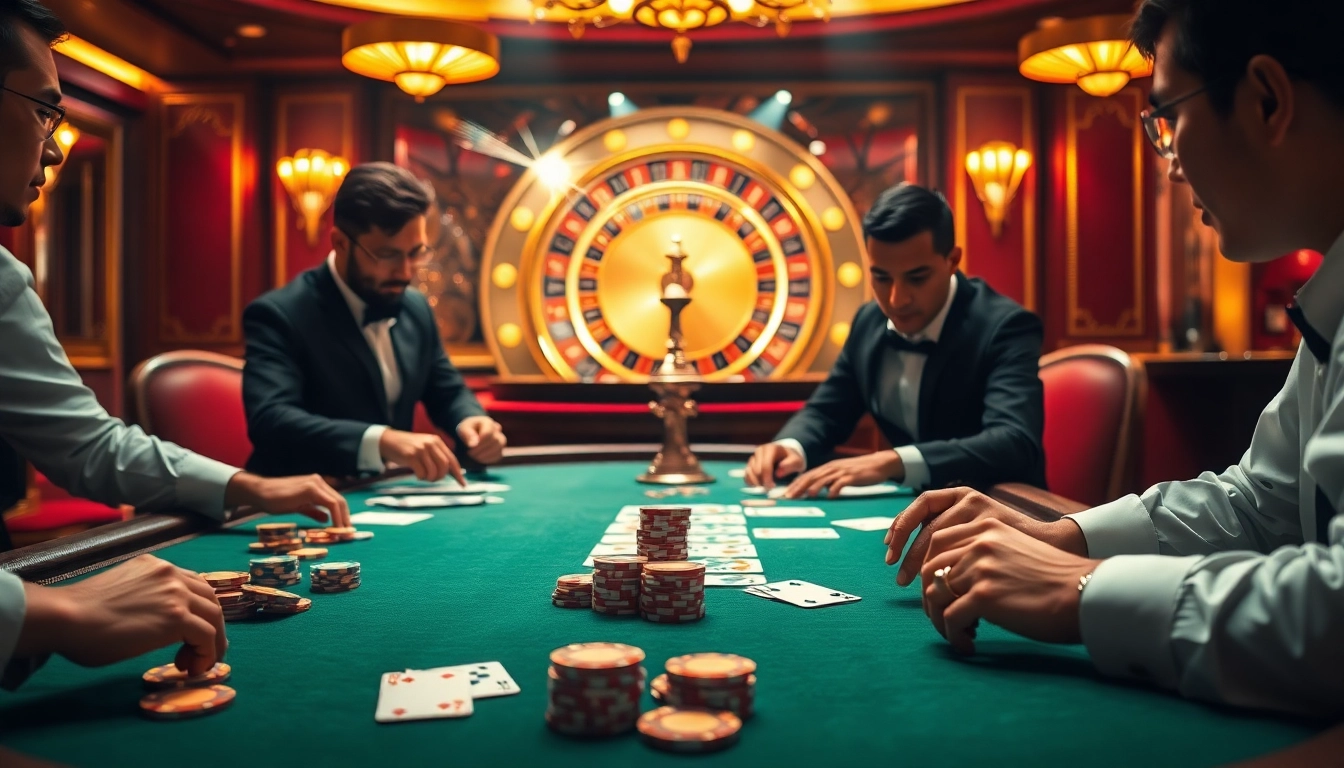 Players enjoying an intense game bài moment at a luxurious casino table with chips and cards.