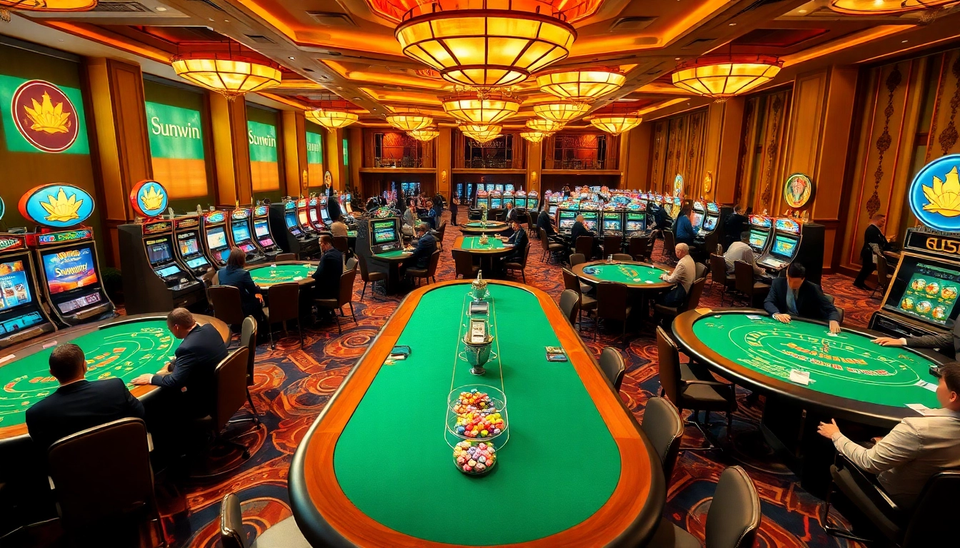 Sunwin casino experience featuring players at skilled blackjack and roulette tables with vibrant ambiance.