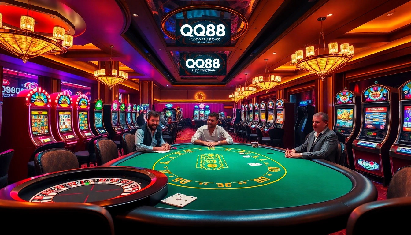 High-stakes gambling scene at QQ88 casino with poker and slot machines.