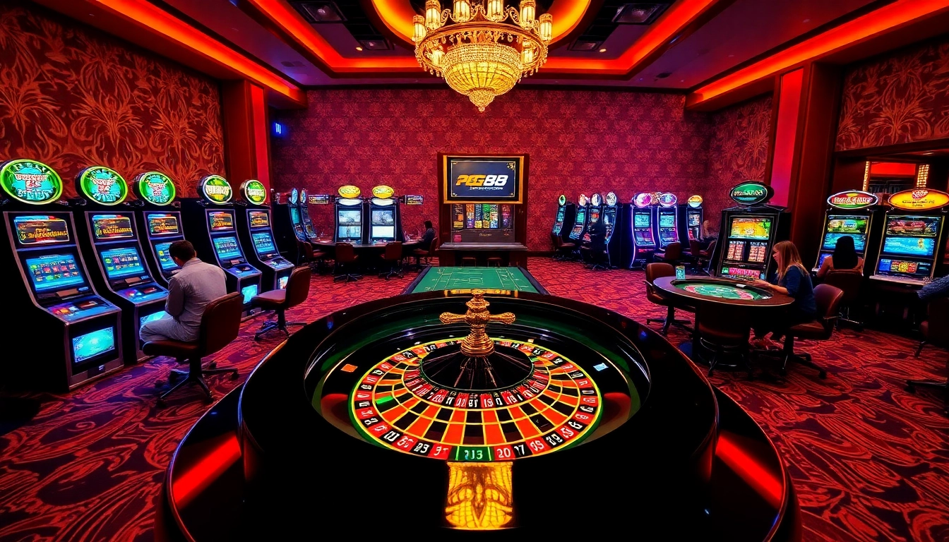Players are enjoying high-stakes games at PG 88 casino, experiencing vibrant slot machines and roulette.