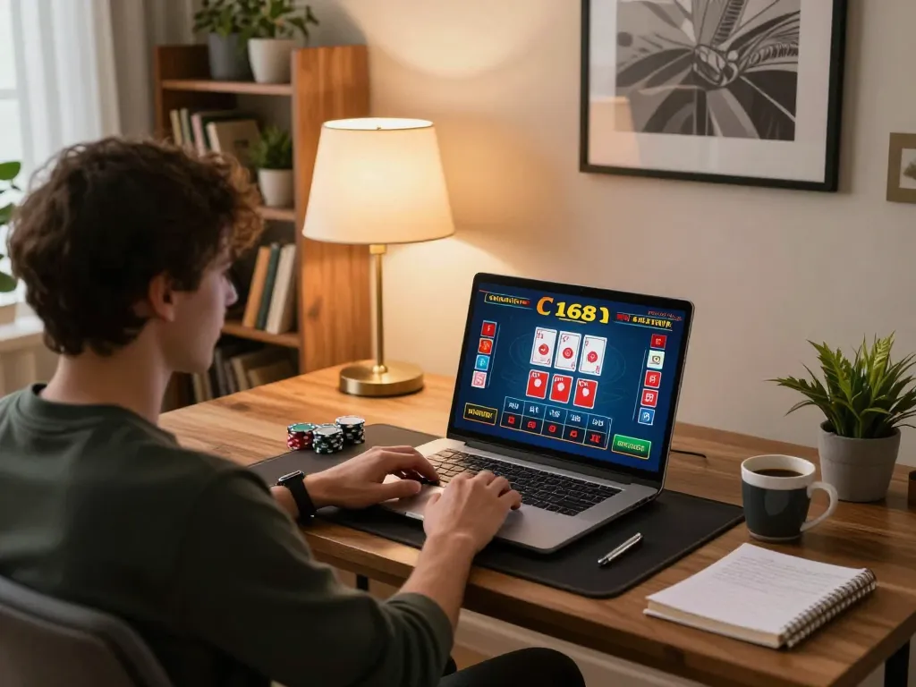 C168 player engaging in a live dealer game on laptop, showcasing strategic online gaming atmosphere