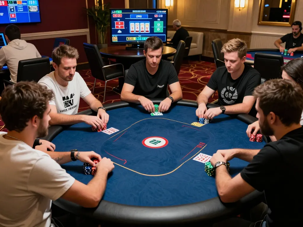 Players strategizing at MM88 online poker table, chips stacked, focused on cards, luxury atmosphere