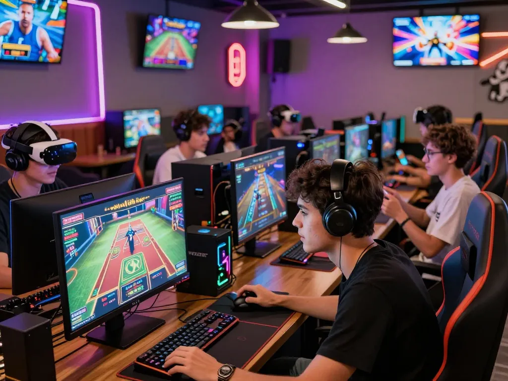 Exciting gaming atmosphere at https://99wina.org/ with gamers enjoying live casino experiences and vibrant decor.