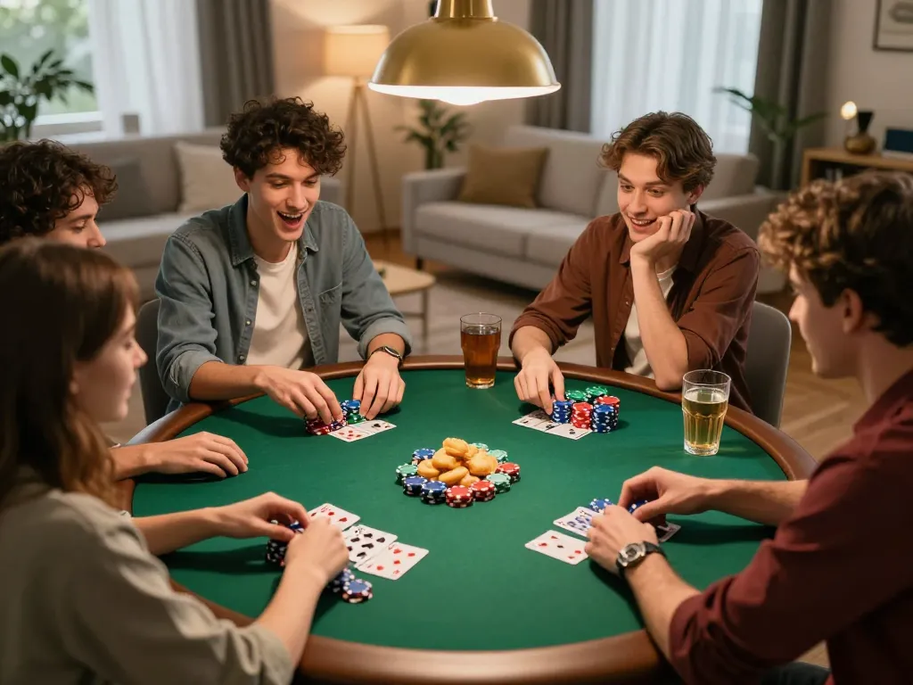 Sungaitoto players enjoying a thrilling home poker night with friends and snacks.
