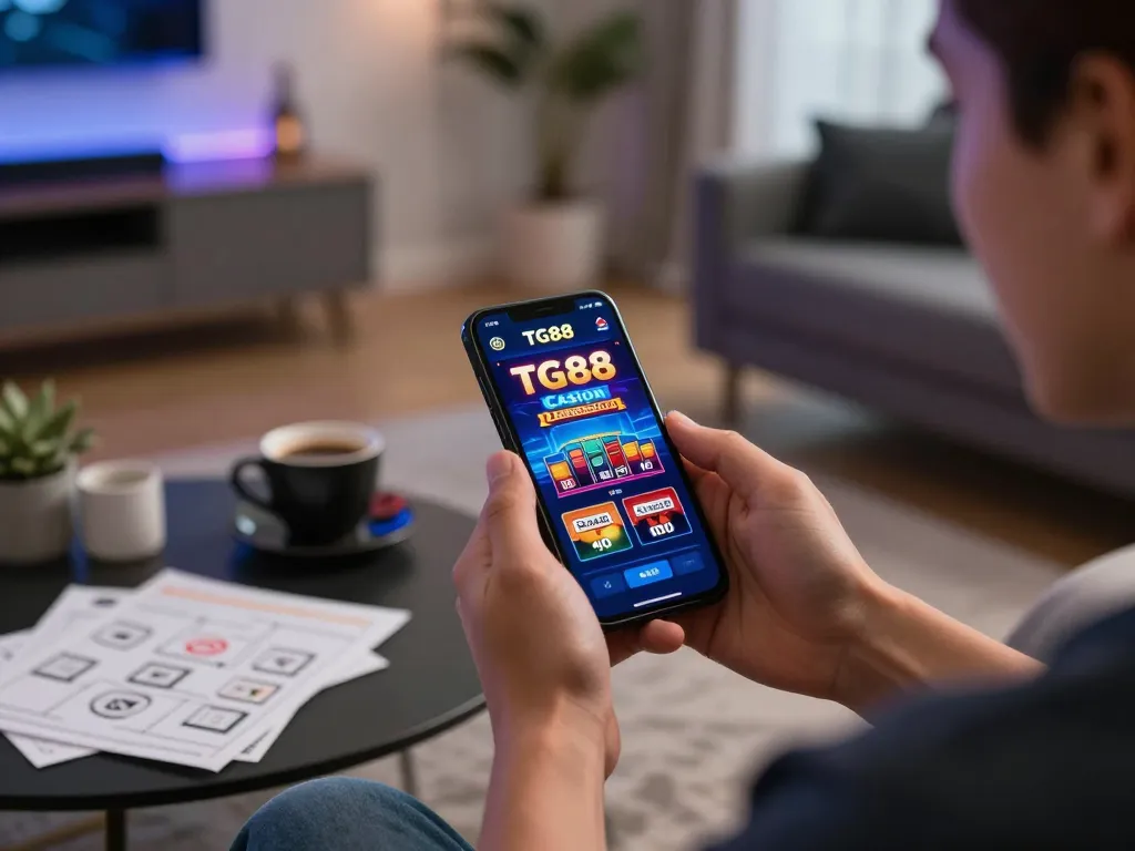 TG88 user enjoying online gaming action on a smartphone with comfortable home vibe