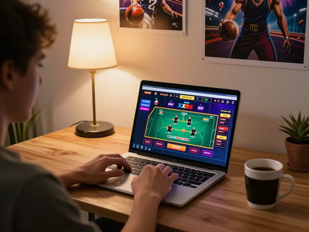 Engaging with live dealer games on XX88 casino website during a cozy home setup.
