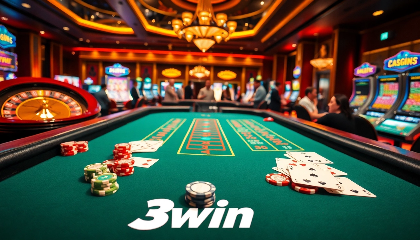 Players enjoying a thrilling blackjack game at 3win casino, surrounded by vibrant slot machines.