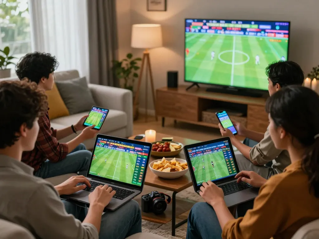 Friends engaging in kèo nhà cái betting while watching live sports in a lively living room.