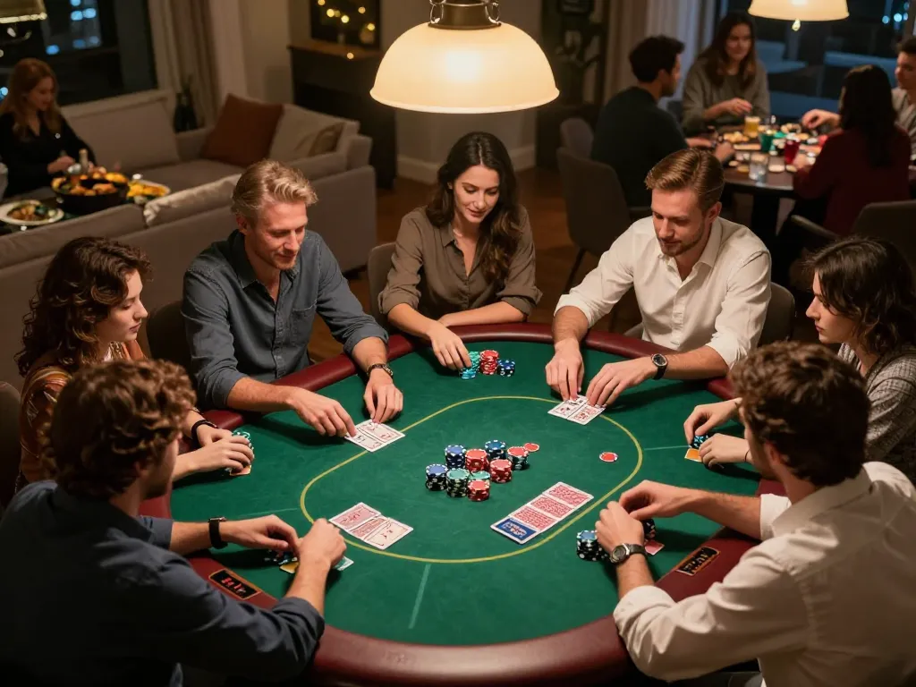 KJC players strategizing during a friendly poker game night, enhancing social gambling experience.