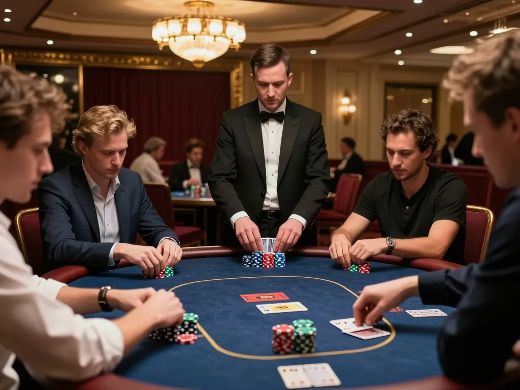 32win players engaging in a tense poker game at an upscale casino table