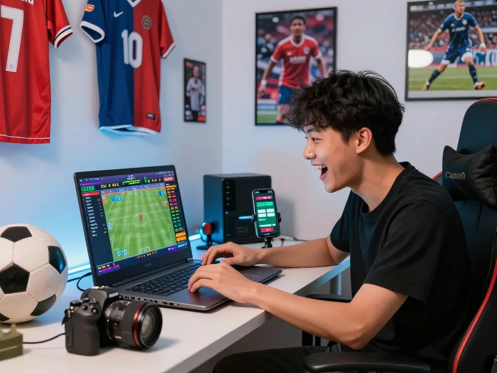 Exciting online sports betting scene showcasing kèo nhà cái with laptop and sports memorabilia.