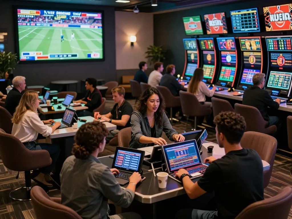 Excited patrons placing bets at NK88 sports betting lounge with vibrant atmosphere.