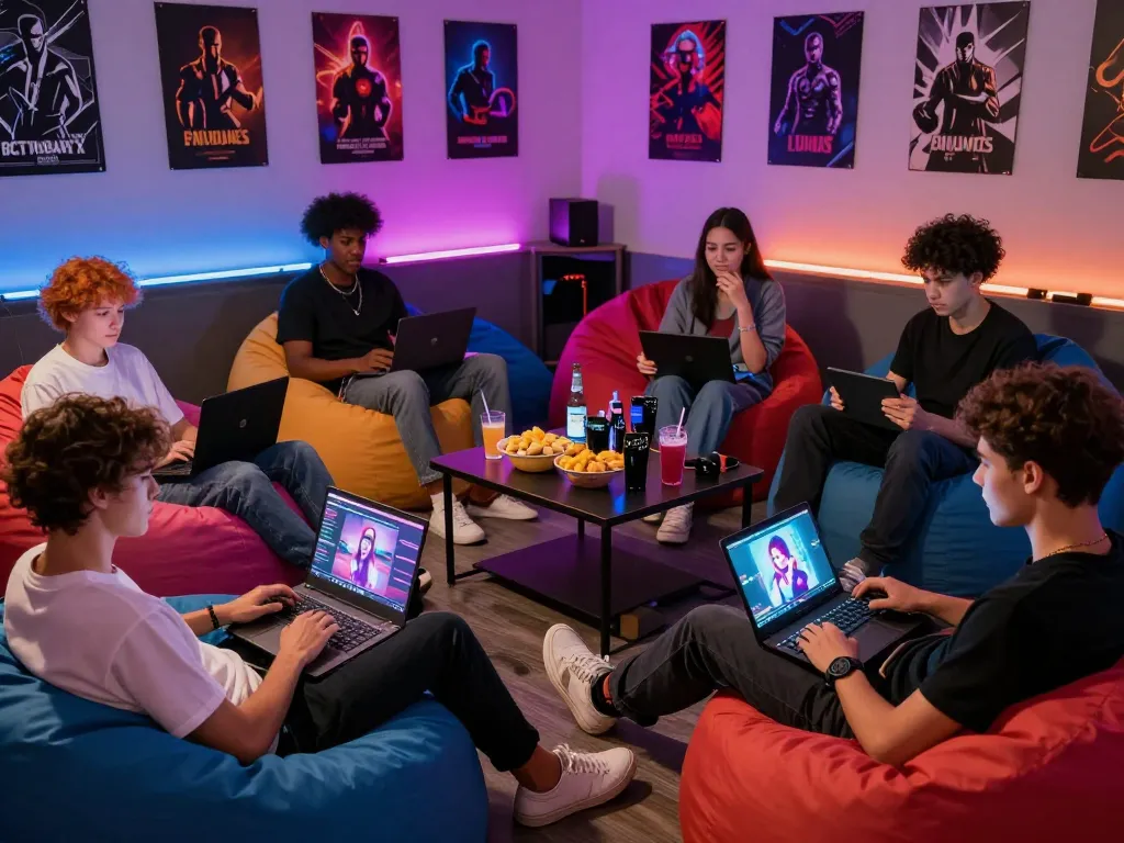 Engaged players enjoying a sex simulator game in a vibrant gaming lounge.