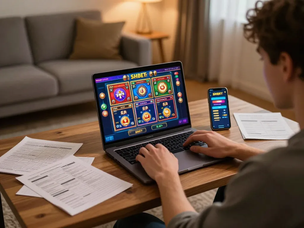 Engaged player strategizing while playing SHBET games online in a cozy home environment