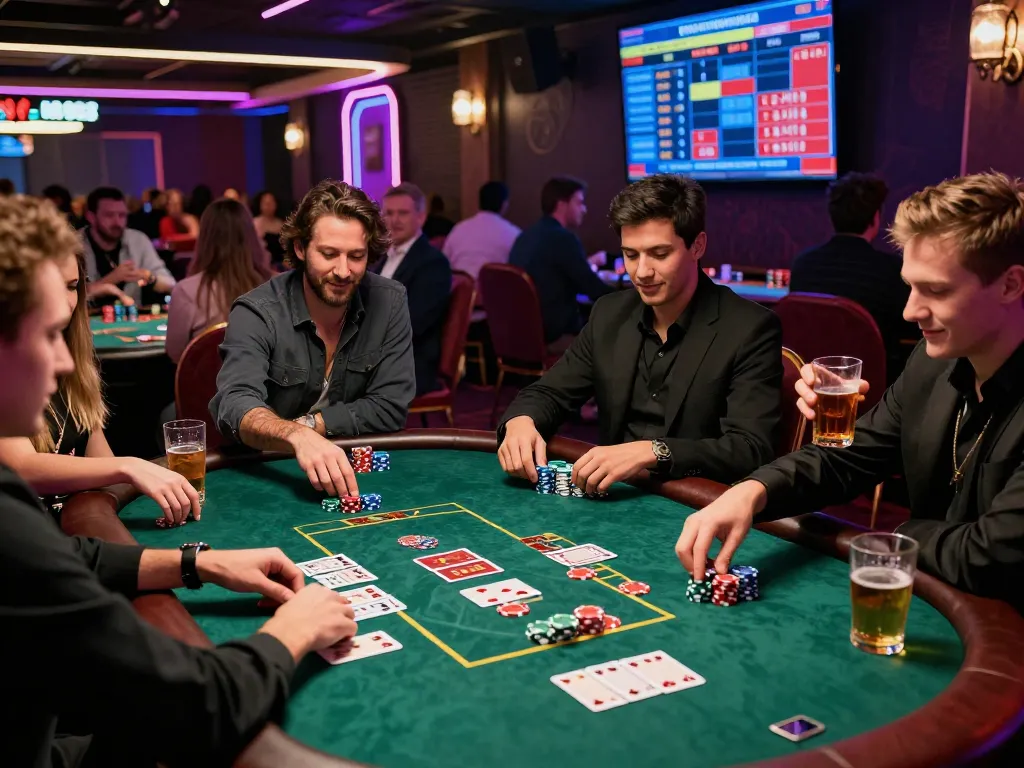 Friends enjoying a thrilling poker game at a rikbet casino with vibrant lights and lively atmosphere.