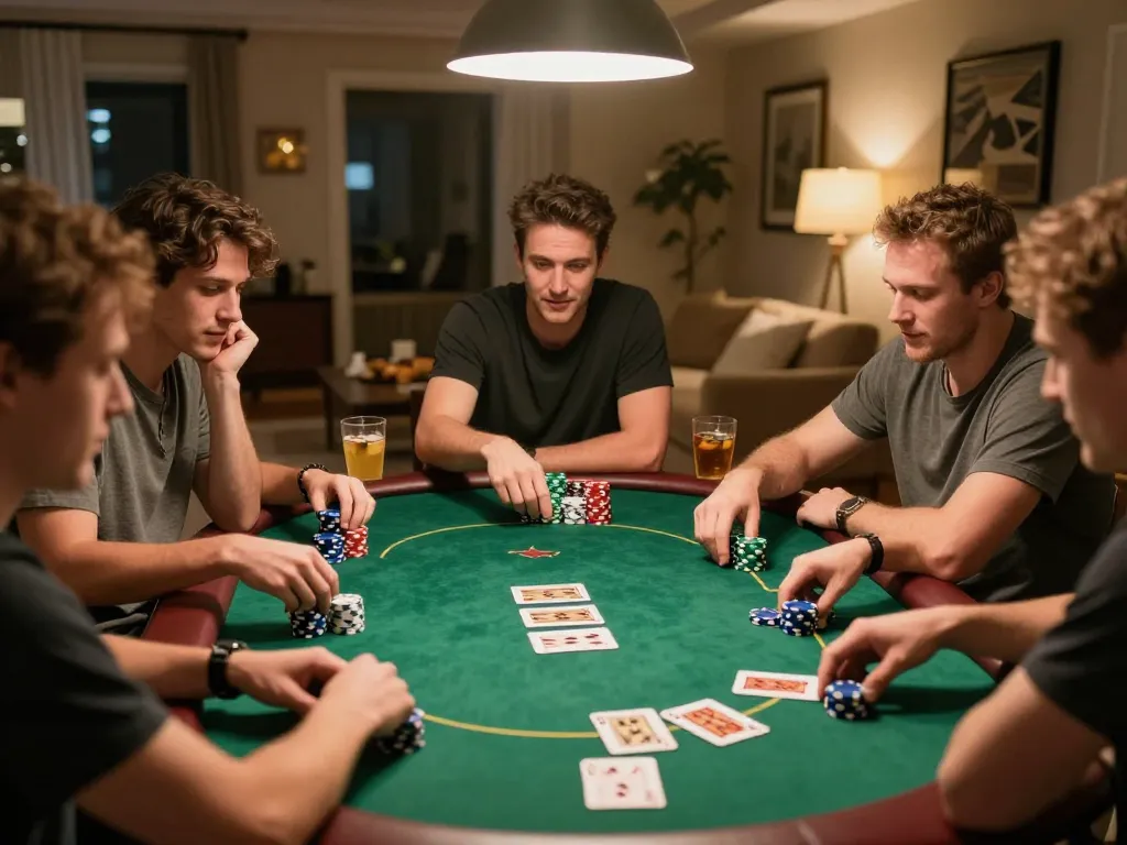 Friends engaging in a lively poker game at home, showcasing 88vv winning strategies for players.