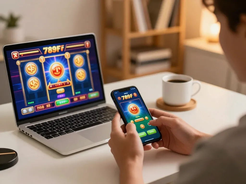 Experience the excitement of wagering on the 789F app with a smartphone and laptop in a cozy gaming space.