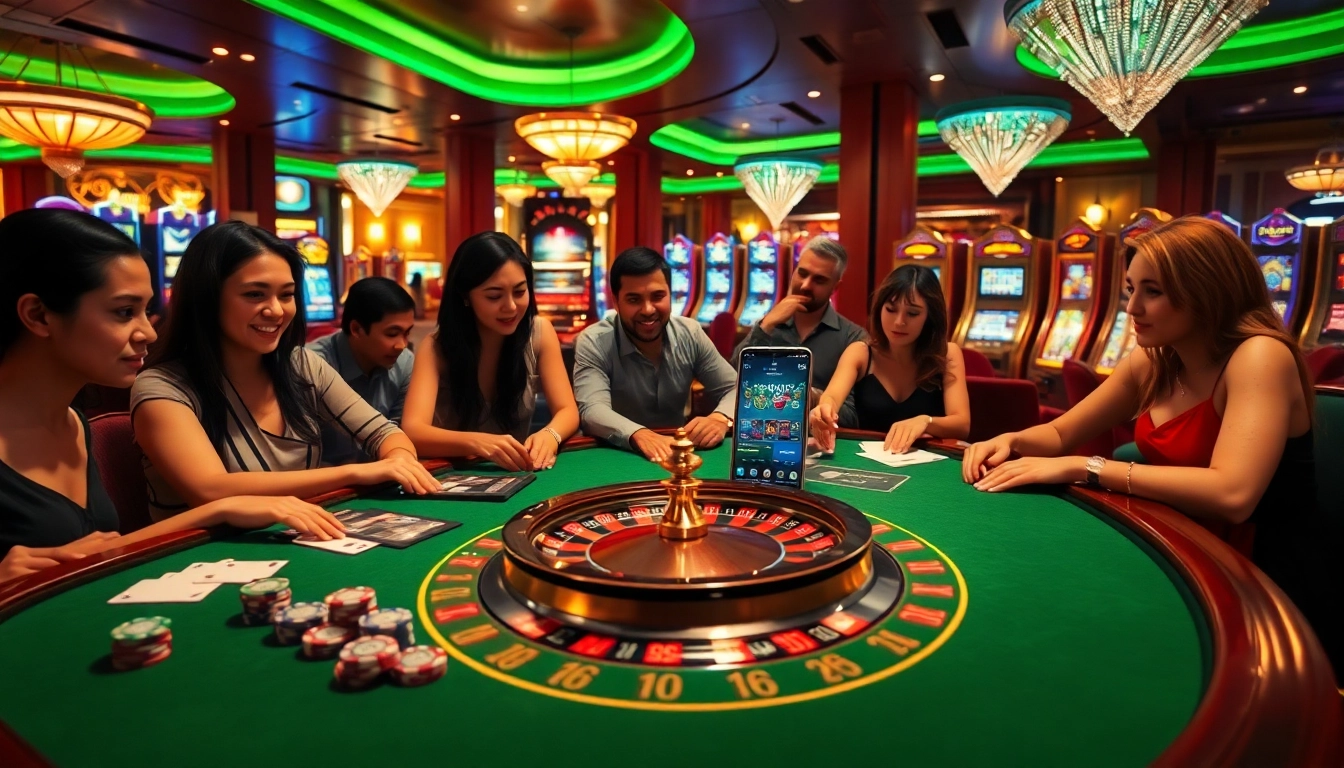 Experience excitement at a casino with the mega888 apk on mobile devices, featuring vibrant gaming tables and players.