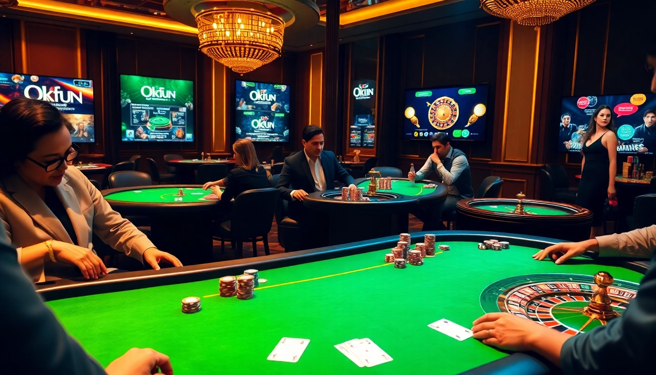 Players engaged in poker at Okfun's luxurious casino table, showcasing vibrant chips and high-stakes excitement.