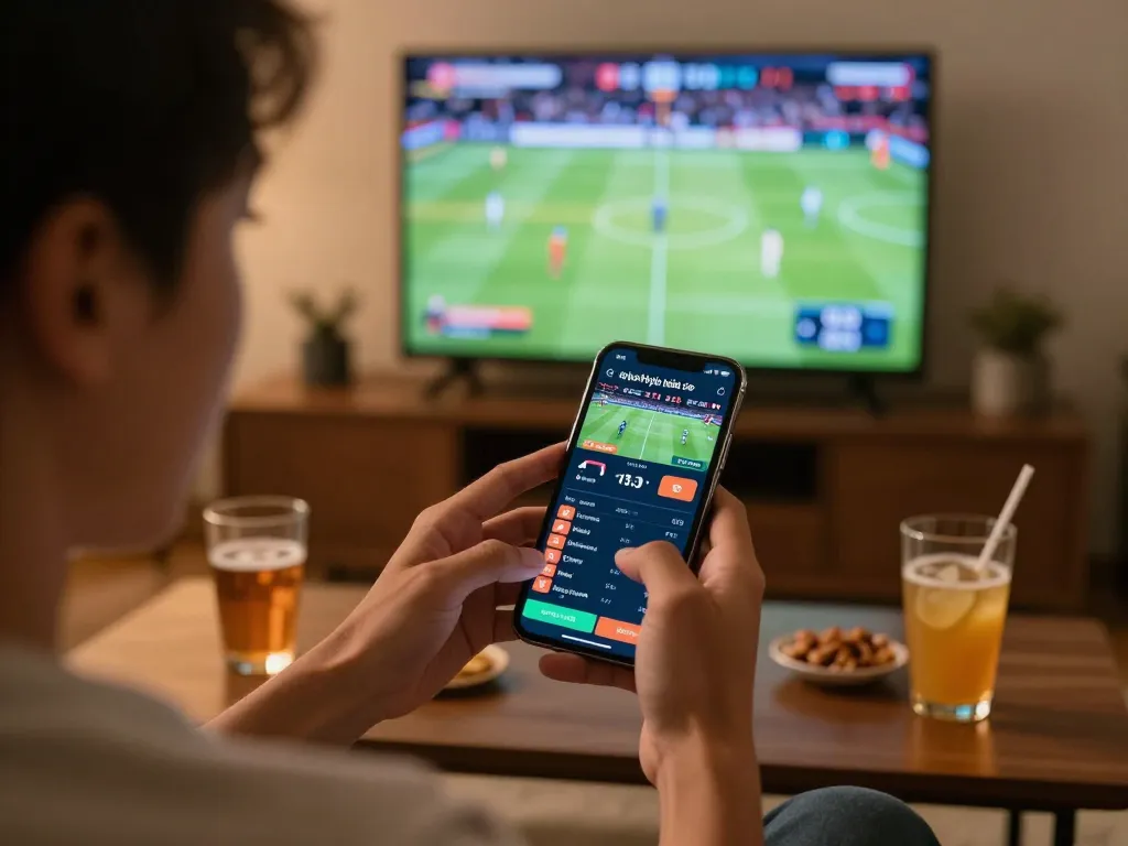 Engaging in online sports betting app on smartphone while following tỷ lệ kèo nhà cái updates during live games.