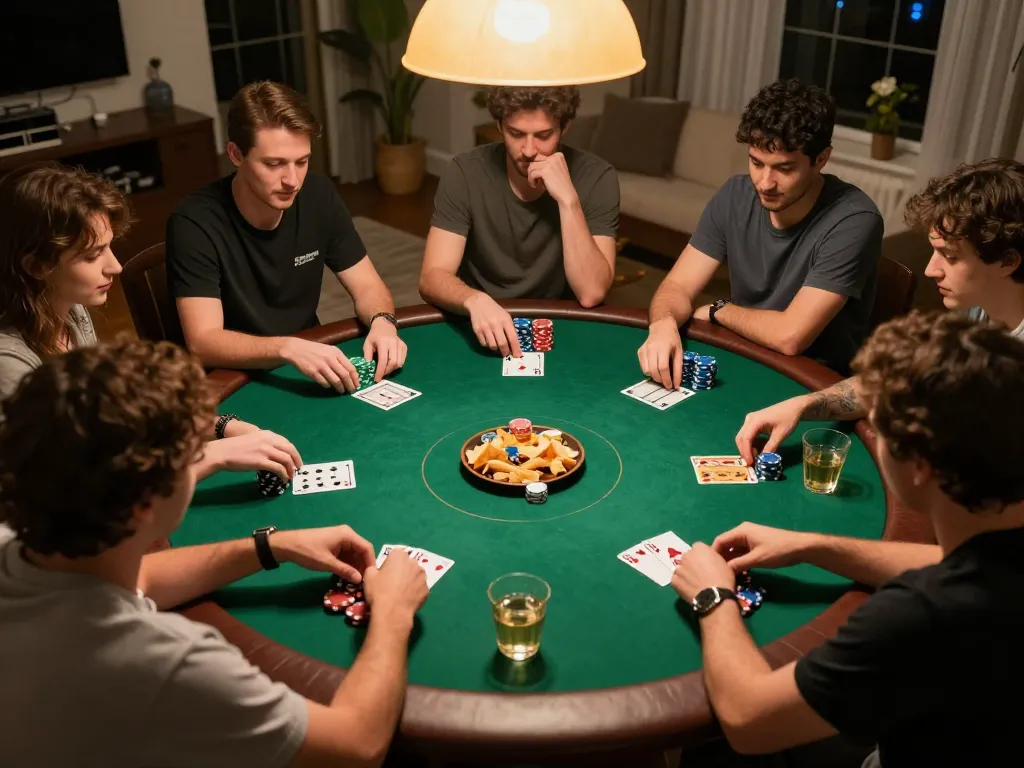 Friends engage in an exciting game of poker at home, showcasing the strategic thrills of 789WIN.
