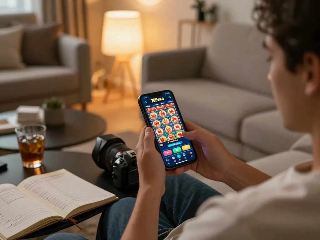 Person engaging with the 789club casino app on smartphone at home, showcasing relaxed online gaming