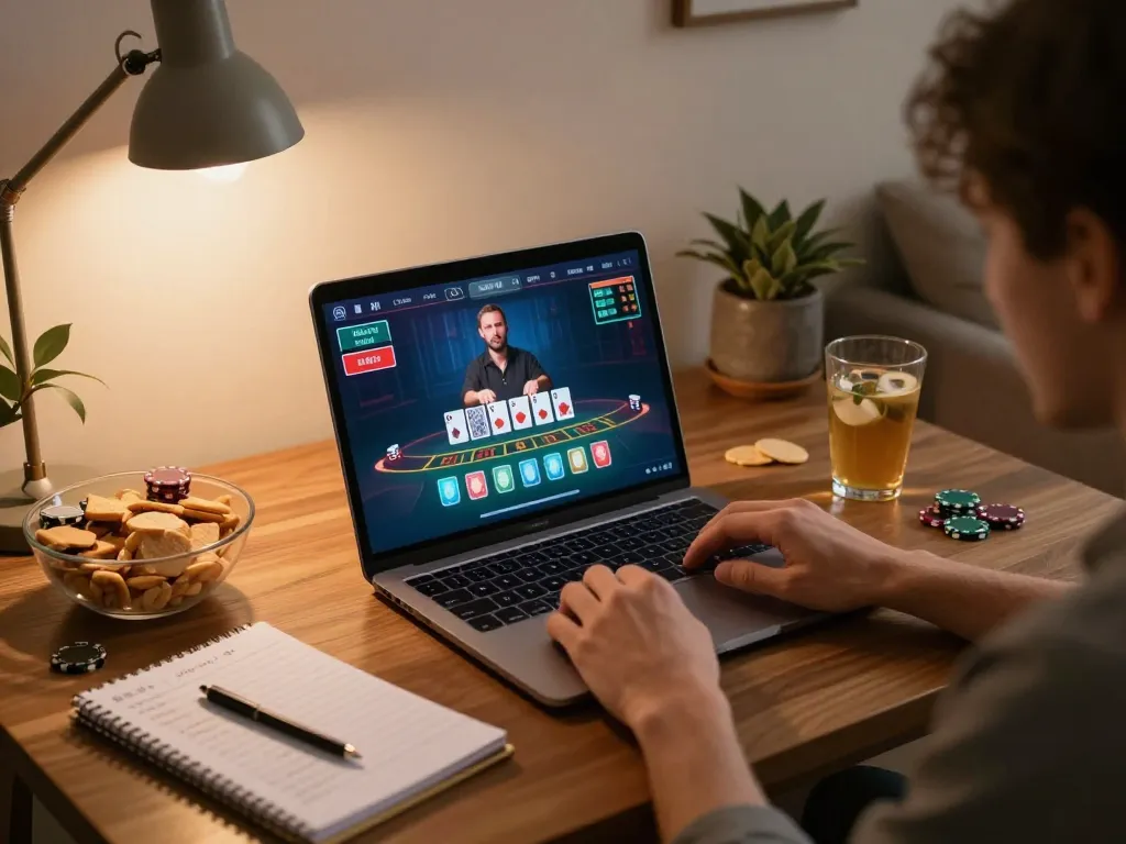 Player strategizing in Hbet blackjack game at home with laptop, drinks, and snacks.
