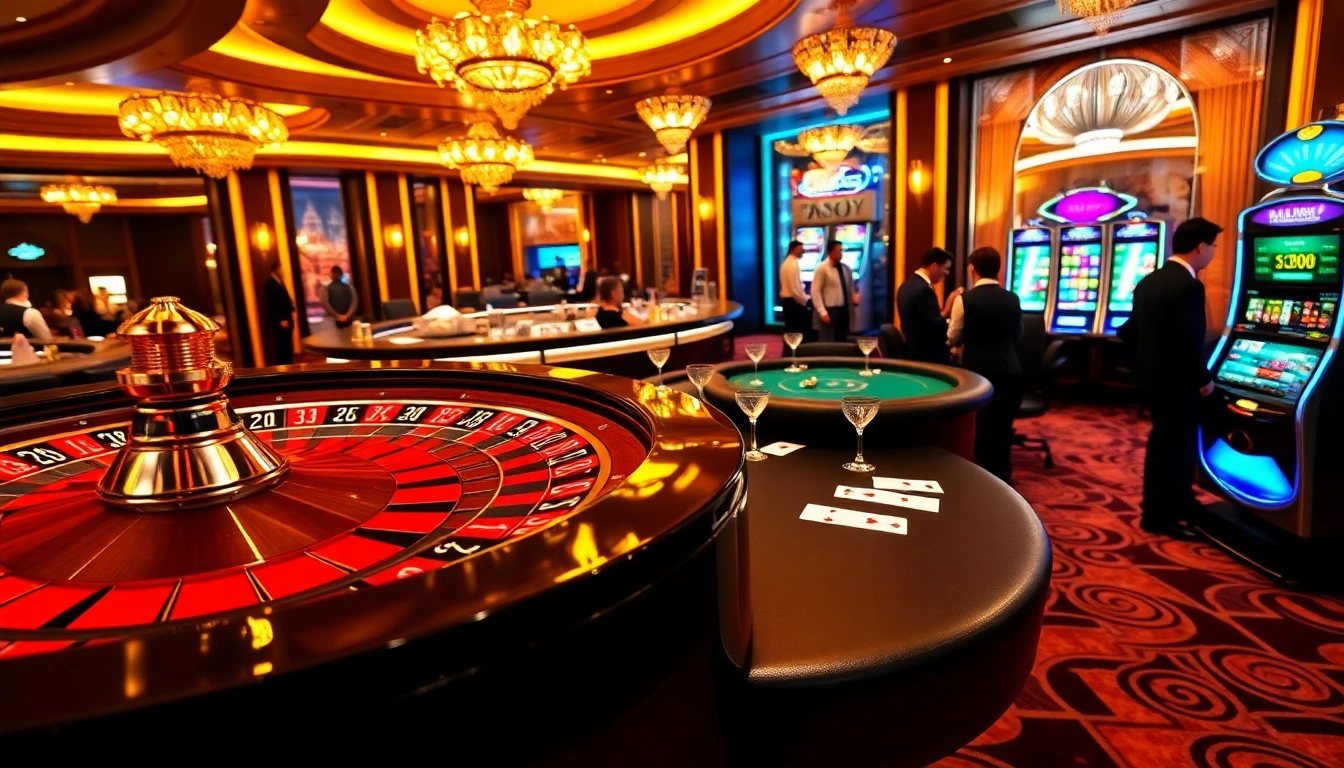 Exciting casino scene showcasing roulette, poker, and slots at https://tg88-casino.com/ with vibrant lights and elegant ambiance.