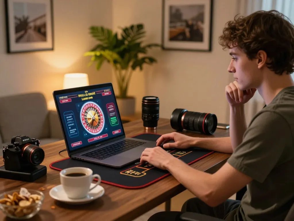 Engaged player strategizing within the ATQ online casino gaming setup, showcasing roulette and vibrant home atmosphere.