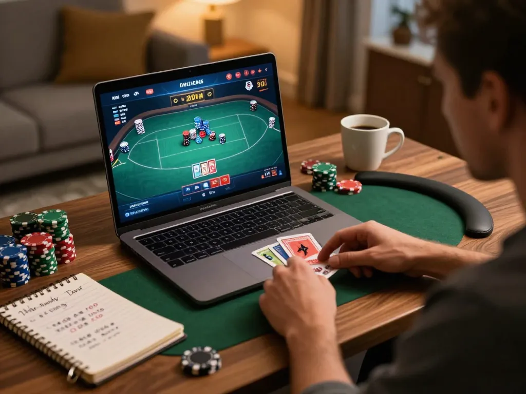 Playing with the Fly88 link during an online poker game in a cozy home setup.