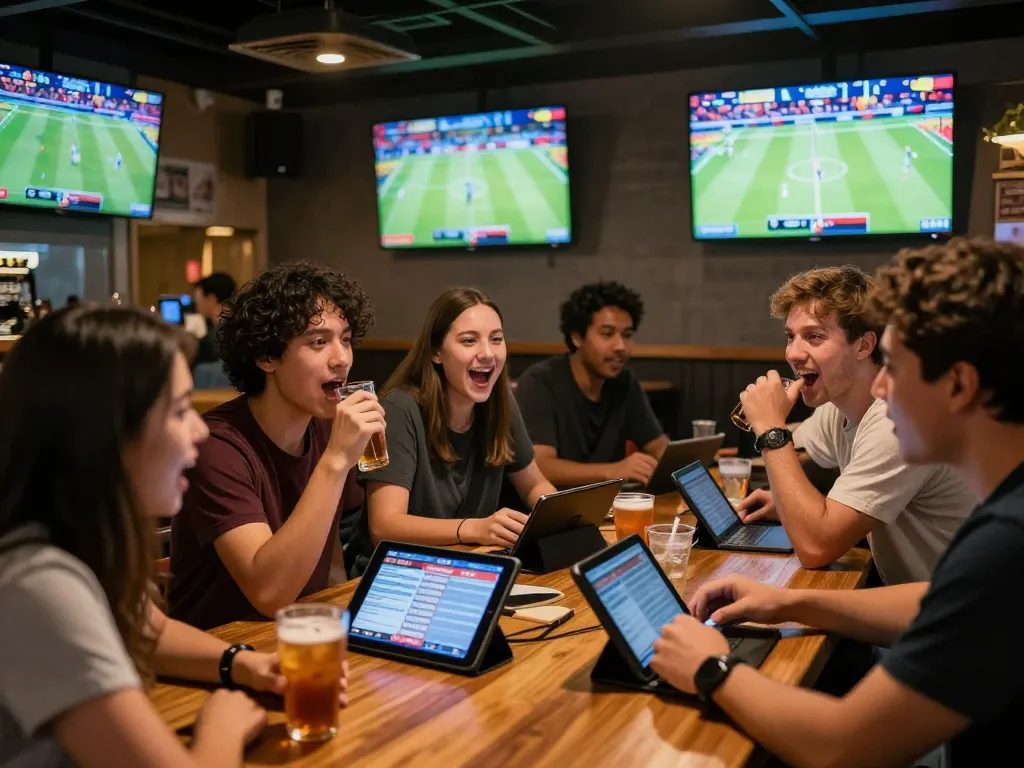 Tỷ lệ kèo nhà cái displayed on smartphones amidst an excited sports betting scene in a lively bar