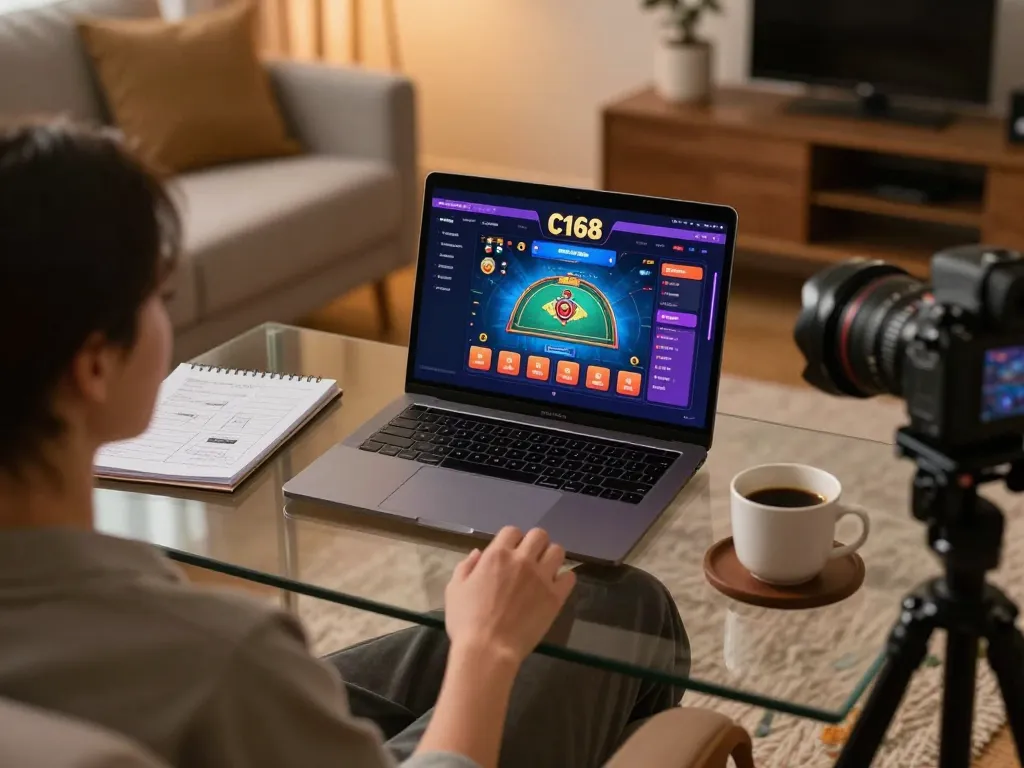 C168 online gaming session on a laptop in a cozy home setup with strategy notes.