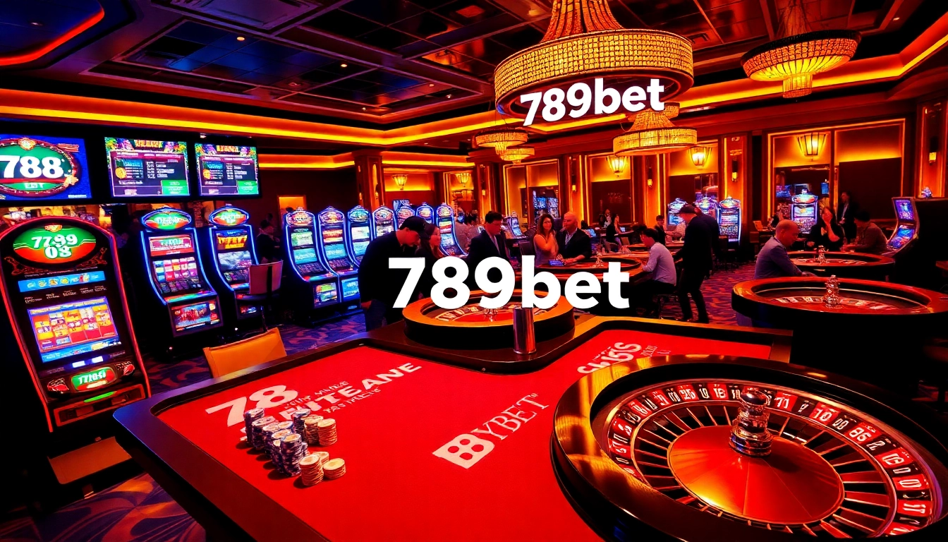Engaged gamblers enjoying a vibrant casino scene with 789bet branding, showcasing excitement and luxury.