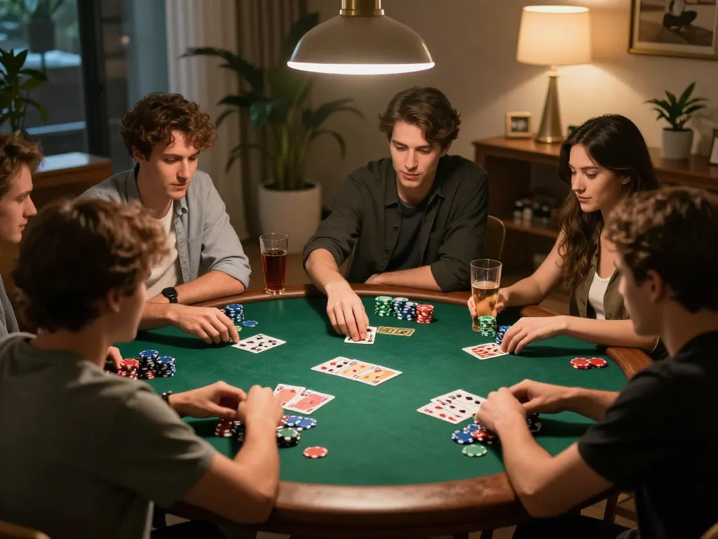 Friends enjoying a poker night at home, with RR88 cards and chips visible in a cozy atmosphere.
