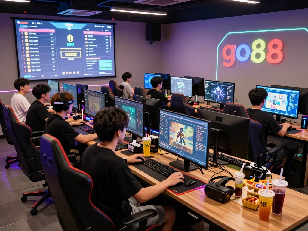 Exciting gaming lounge scene with players engaged in go88 multiplayer games.
