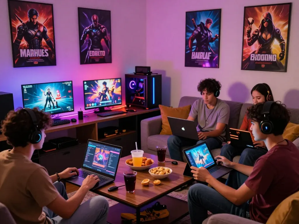 Friends enjoying free porn games in a cozy gaming setup with snacks, devices, and vibrant lighting.