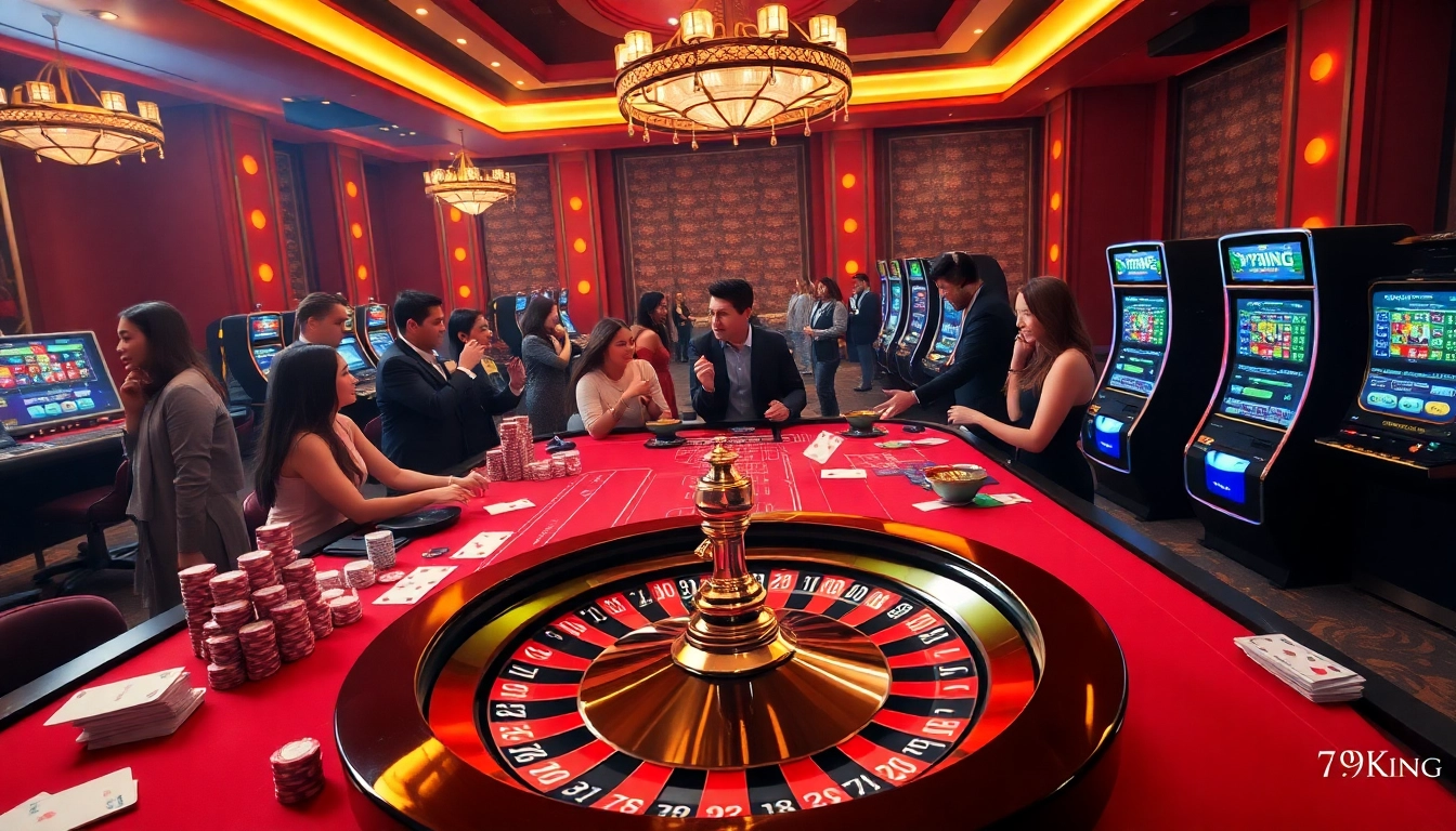 Experience the excitement of gambling at 79king with vibrant tables, poker chips, and a roulette wheel.